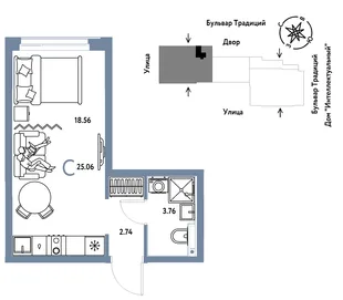 Планировка Студия, 25.06 м² ЖК «Микрорайон Домашний»