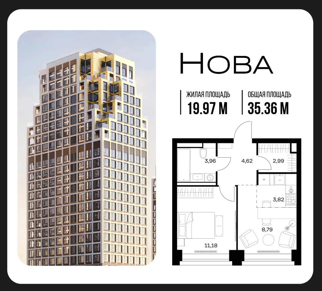 Планировка 1-комн. квартира, 35.36 м² ЖК «NOVA (Нова)»