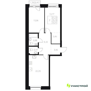 Планировка 2-комн. квартира, 73.11 м² ЖК «Statum»