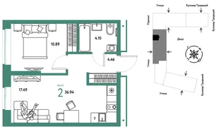 Планировка 2-комн. квартира, 36.94 м² ЖК «Микрорайон Домашний»