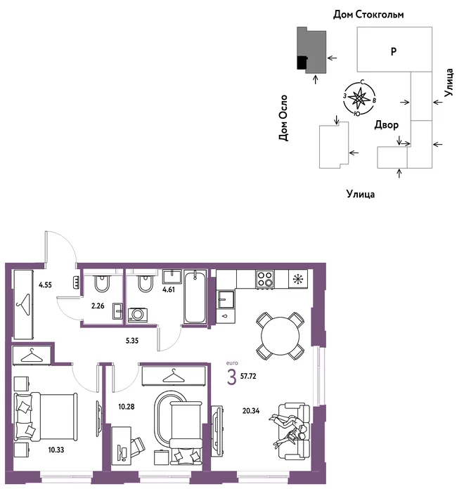 Планировка 3-комн. квартира, 57.72 м² ЖК «Европейский берег 2.0» Планировка 3-комн. квартира, 57.72 м² ЖК «Европейский берег 2.0»
