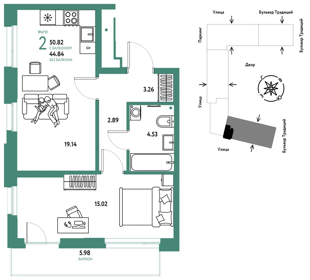Планировка 2-комн. квартира, 50.82 м² ЖК «Микрорайон Домашний»