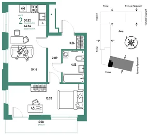 Планировка 2-комн. квартира, 50.82 м² ЖК «Микрорайон Домашний»