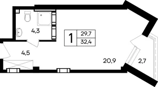 Планировка 1-комн. квартира, 32.4 м² Апарт-отель «Cosmos Smart Евпатория»