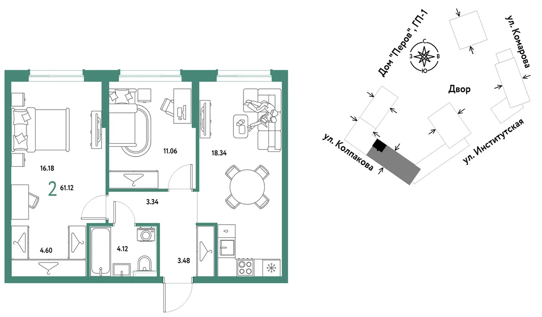 Планировка 2-комн. квартира, 61.12 м² ЖК «Страна.Парковая»