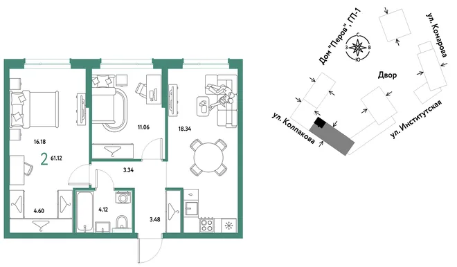 Планировка 2-комн. квартира, 61.12 м² ЖК «Страна.Парковая» Планировка 2-комн. квартира, 61.12 м² ЖК «Страна.Парковая»