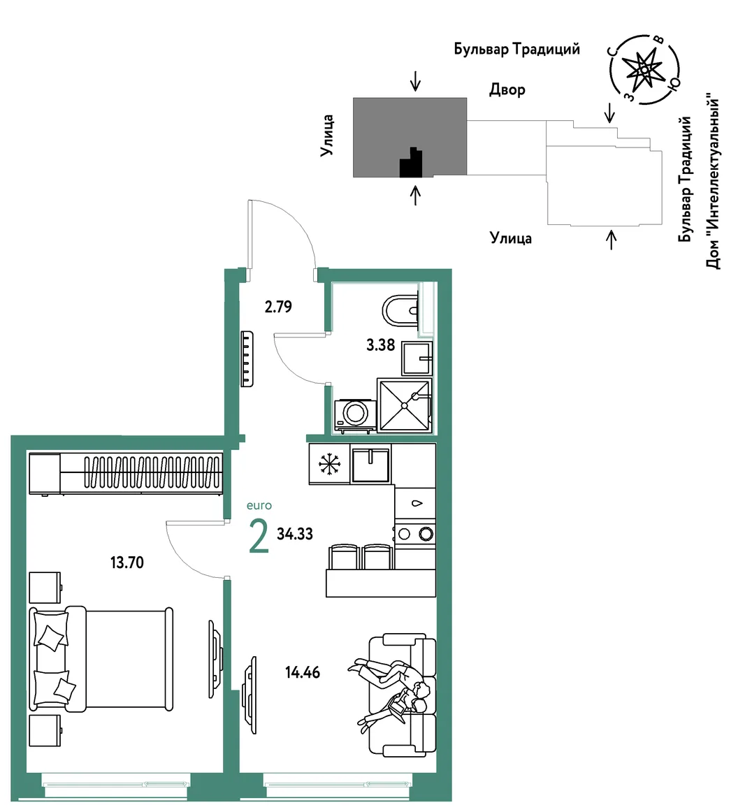 Планировка 2-комн. квартира, 34.33 м² ЖК «Микрорайон Домашний»