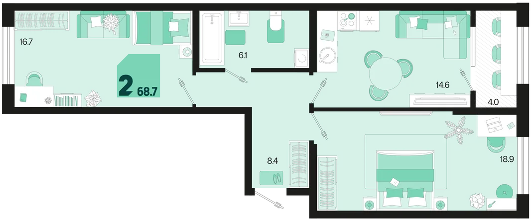 Планировка 2-комн. квартира, 68.7 м² ЖК «Первое место»