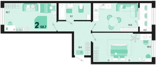 Планировка 2-комн. квартира, 68.7 м² ЖК «Первое место»