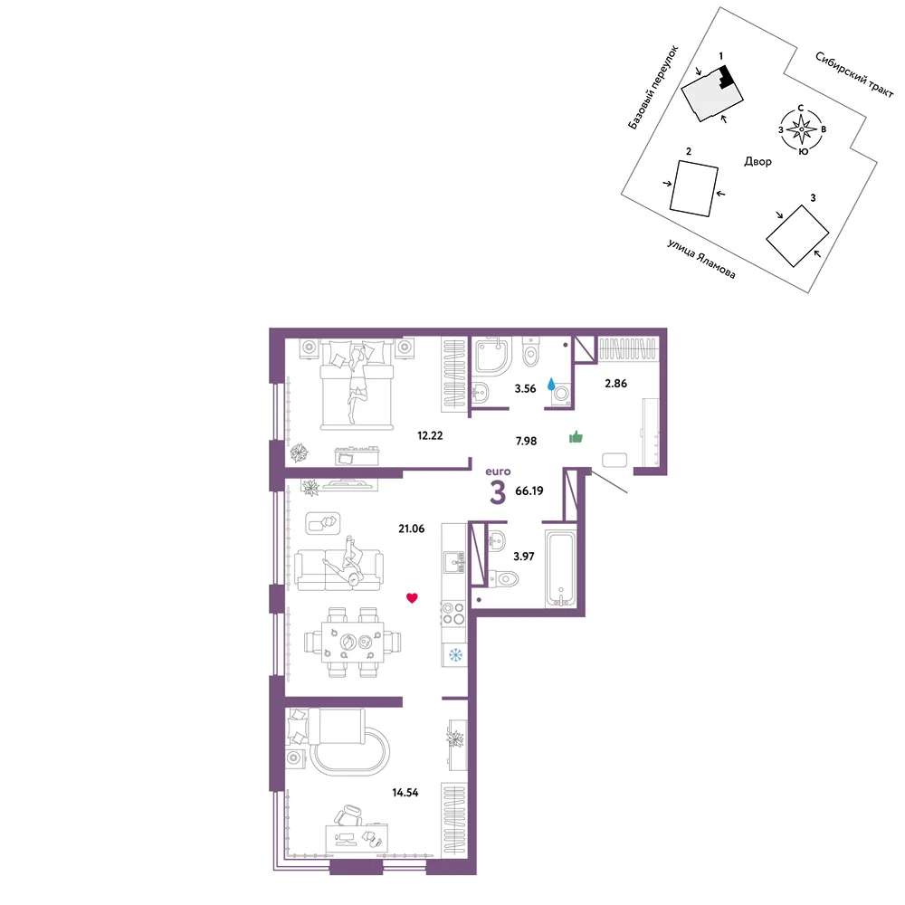 Планировка 3-комн. квартира, 66.19 м² ЖК «Сибирский сад»