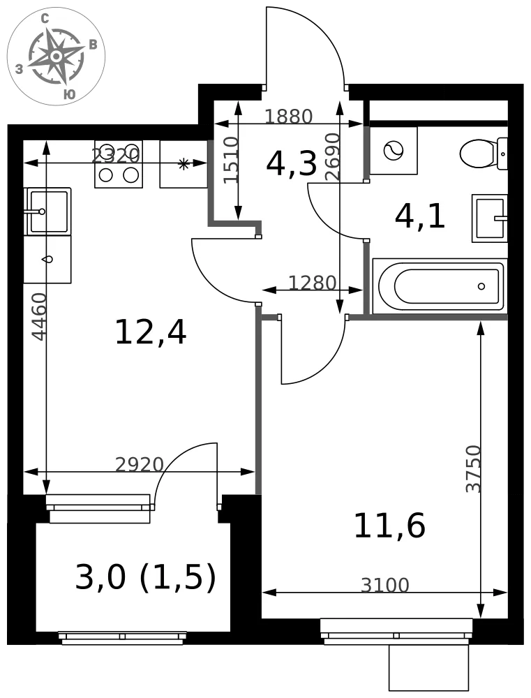 Планировка 1-комн. квартира, 33.9 м² ЖК «1-й Химкинский»