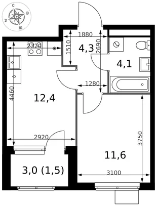 Планировка 1-комн. квартира, 33.9 м² ЖК «1-й Химкинский»