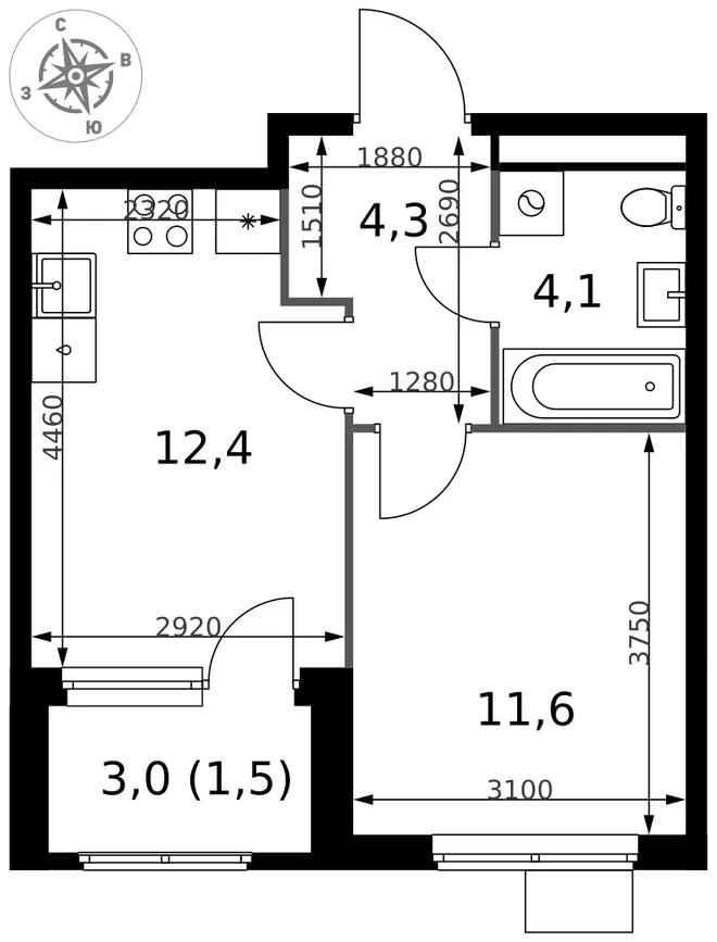 Планировка 1-комн. квартира, 33.9 м² ЖК «1-й Химкинский» Планировка 1-комн. квартира, 33.9 м² ЖК «1-й Химкинский»