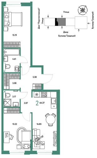 Планировка 2-комн. квартира, 64.37 м² ЖК «Микрорайон Домашний»