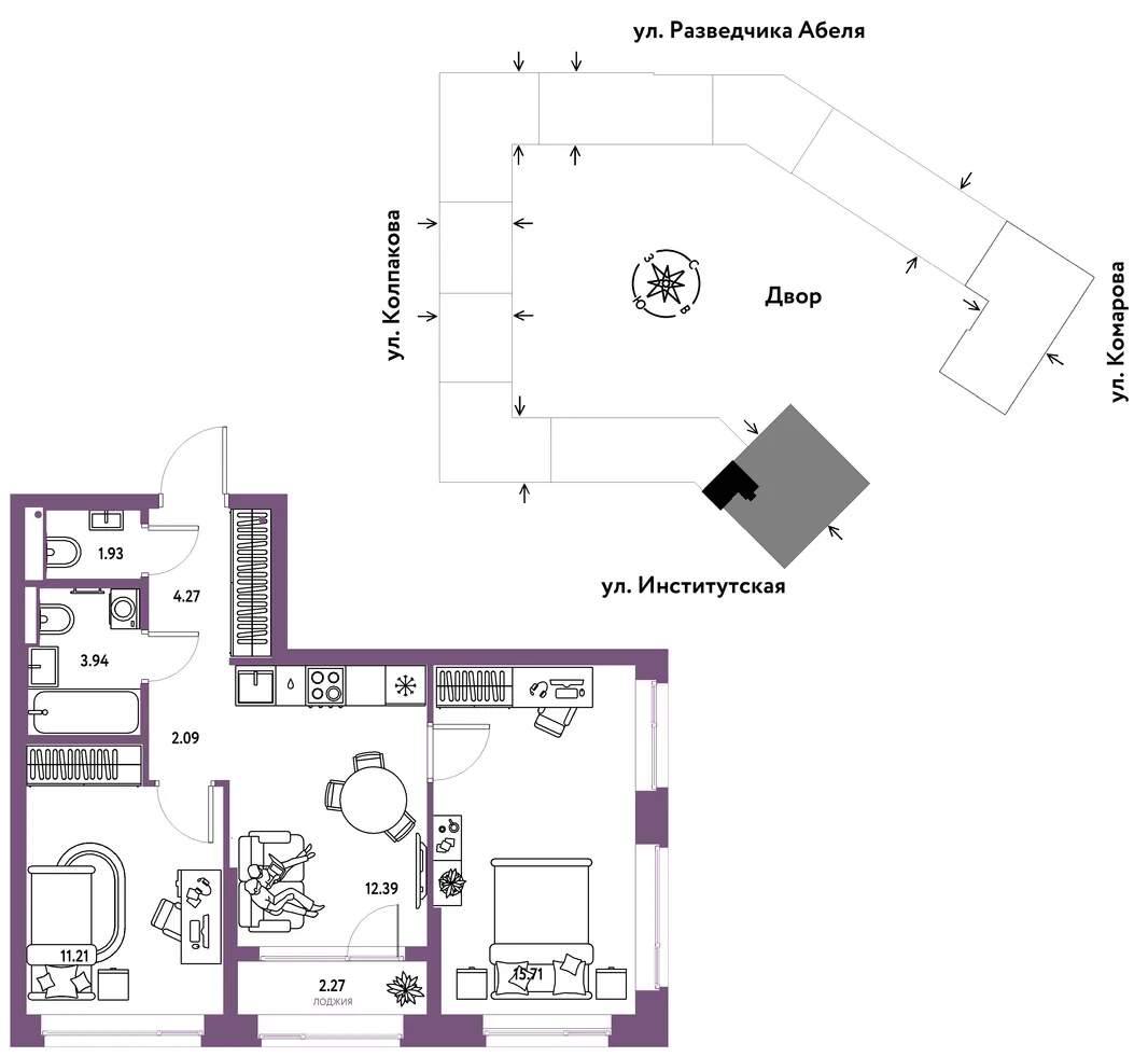 Планировка 3-комн. квартира, 53.81 м² ЖК «Страна.Парковая»