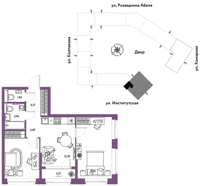 Планировка 3-комн. квартира, 53.81 м² ЖК «Страна.Парковая» Планировка 3-комн. квартира, 53.81 м² ЖК «Страна.Парковая»