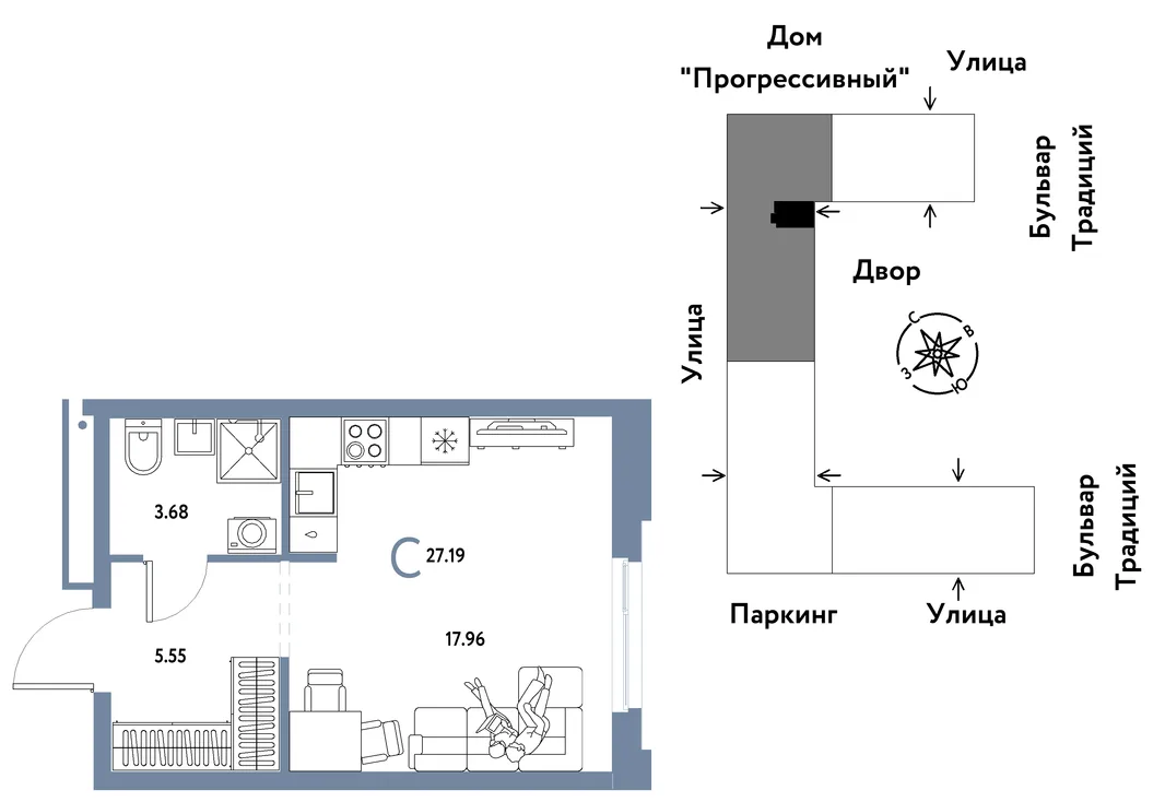 Планировка Студия, 27.19 м² ЖК «Микрорайон Домашний»