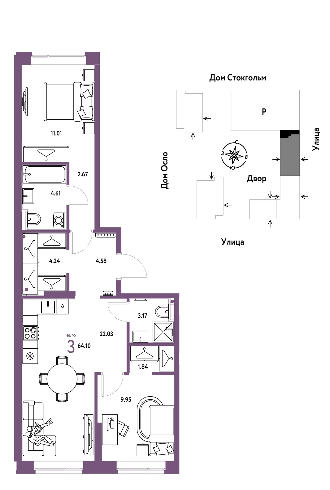 Планировка 3-комн. квартира, 64.1 м² ЖК «Европейский берег 2.0»