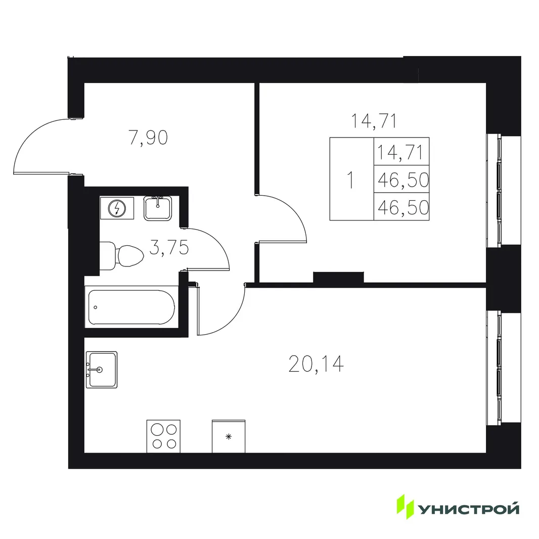 Планировка 1-комн. квартира, 46.5 м² ЖК «Statum»