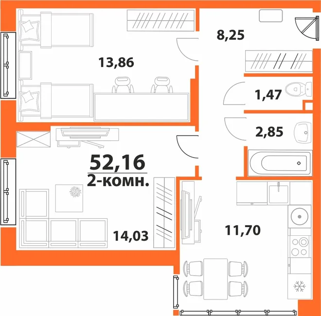 Планировка 2-комн. квартира, 52.16 м² ЖК «Аквамарин 2» Планировка 2-комн. квартира, 52.16 м² ЖК «Аквамарин 2»