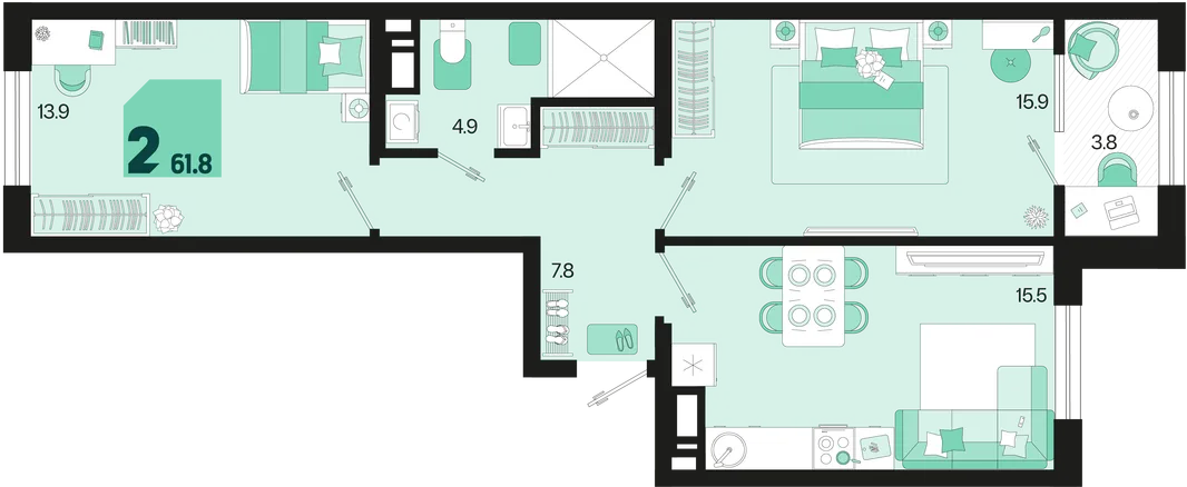 Планировка 2-комн. квартира, 61.8 м² ЖК «Первое место»