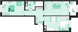 Планировка 2-комн. квартира, 61.8 м² ЖК «Первое место»