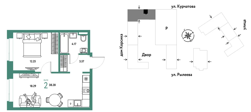 Планировка 2-комн. квартира, 38.28 м² ЖК «Остров-сад»