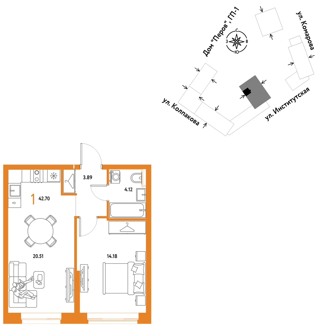 Планировка 1-комн. квартира, 42.7 м² ЖК «Страна.Парковая»