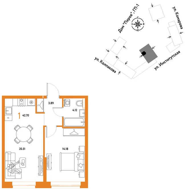 Планировка 1-комн. квартира, 42.7 м² ЖК «Страна.Парковая» Планировка 1-комн. квартира, 42.7 м² ЖК «Страна.Парковая»