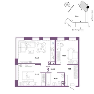 Планировка 3-комн. квартира, 53.62 м² ЖК «Авторский»