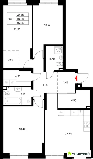Планировка 3-комн. квартира, 92.8 м² ЖК «Уникод на Технической»