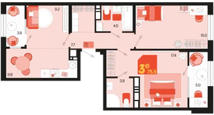 Планировка 3-комн. квартира, 75.5 м² ЖК «Первое место»