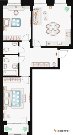Планировка 2-комн. квартира, 73.59 м² ЖК «Жилой кластер Q на Кулагина»