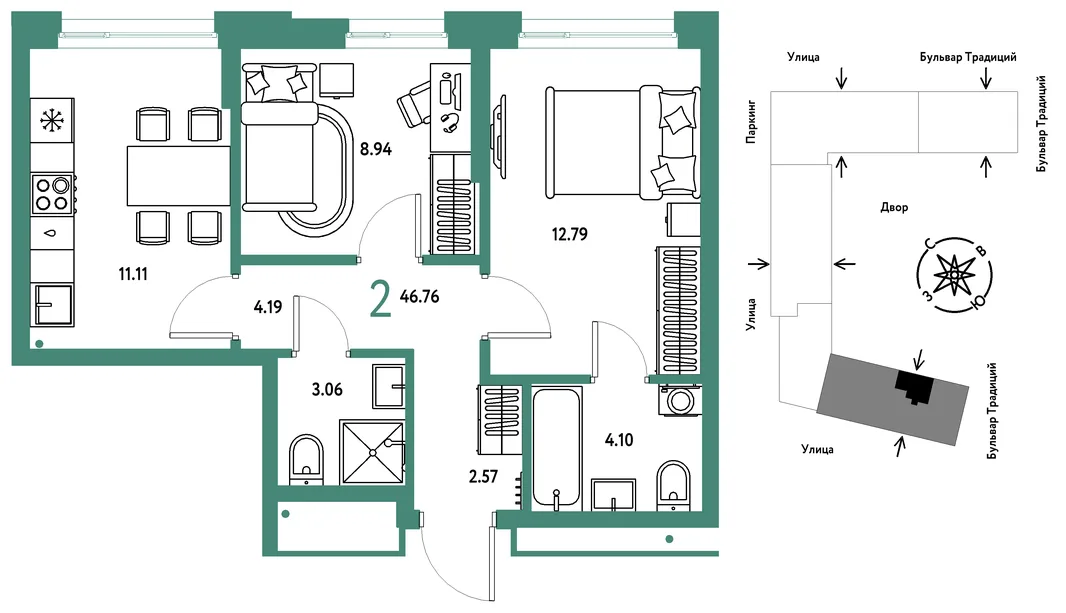 Планировка 2-комн. квартира, 46.76 м² ЖК «Микрорайон Домашний»