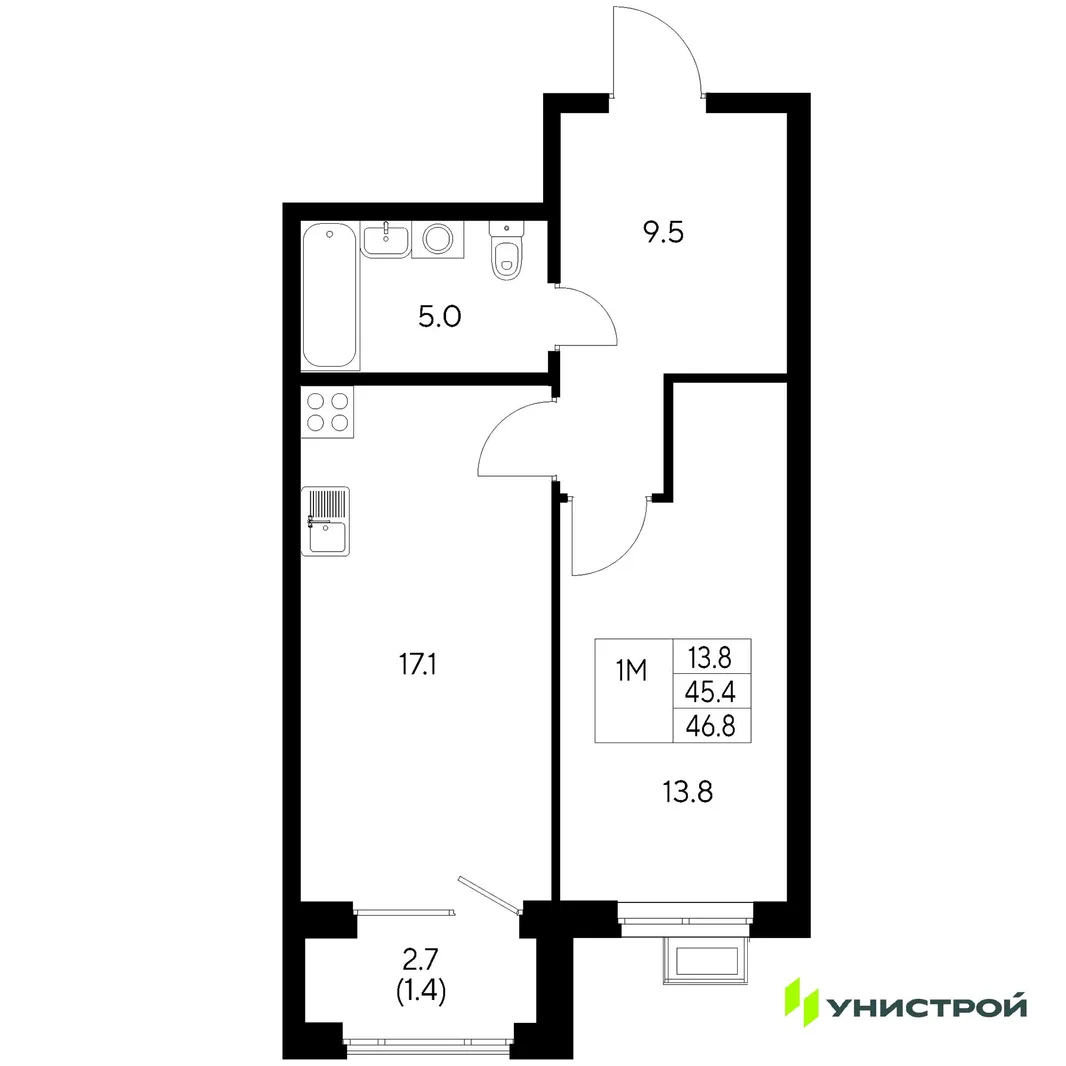 Планировка 1-комн. квартира, 46.8 м² ЖК «Стадиум»