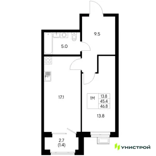 Планировка 1-комн. квартира, 46.8 м² ЖК «Стадиум»