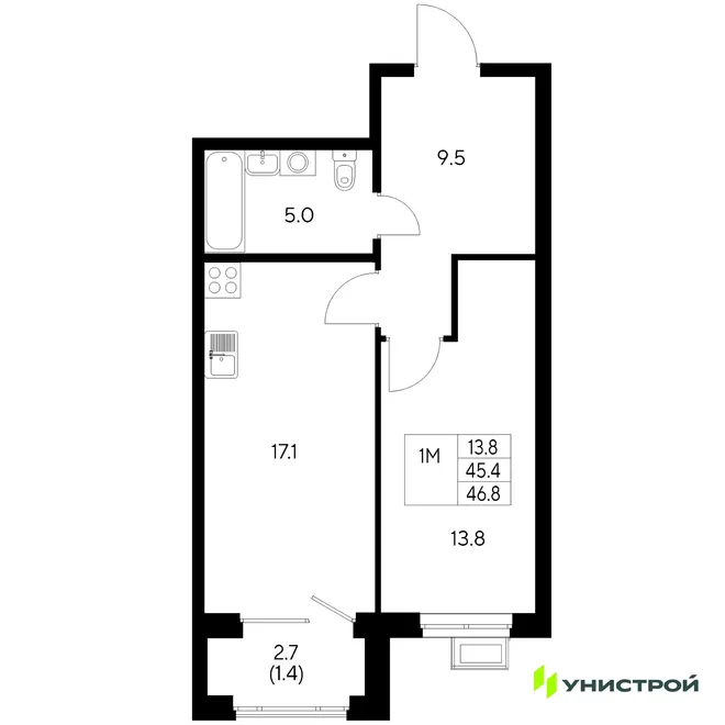 Планировка 1-комн. квартира, 46.8 м² ЖК «Стадиум» Планировка 1-комн. квартира, 46.8 м² ЖК «Стадиум»
