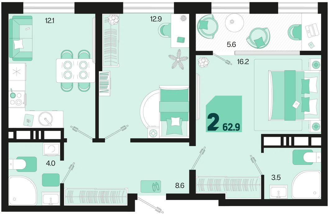 Планировка 2-комн. квартира, 62.9 м² ЖК «Первое место»