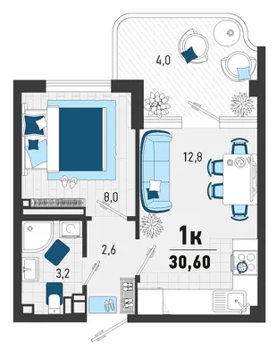 Планировка 1-комн. квартира, 27.2 м² ЖК «Монако»