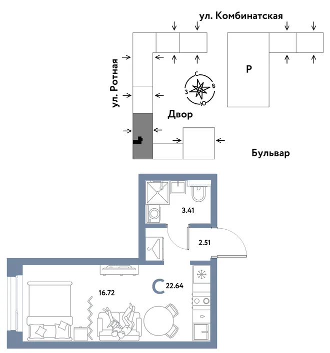 Планировка Студия, 22.64 м² ЖК «Уральский сад» Планировка Студия, 22.64 м² ЖК «Уральский сад»