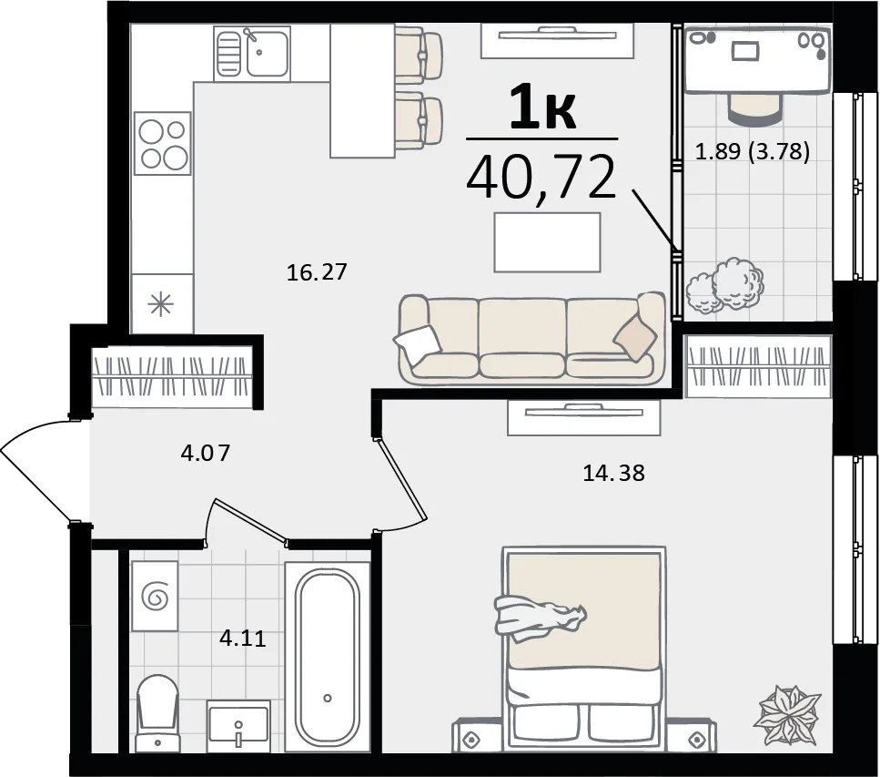 Планировка 1-комн. квартира, 40.72 м² ЖК «Патрики»