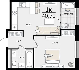 Планировка 1-комн. квартира, 40.72 м² ЖК «Патрики»