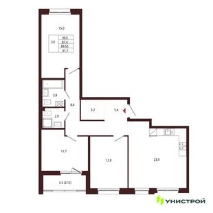 Планировка 3-комн. квартира, 89.55 м² ЖК «Лисино»