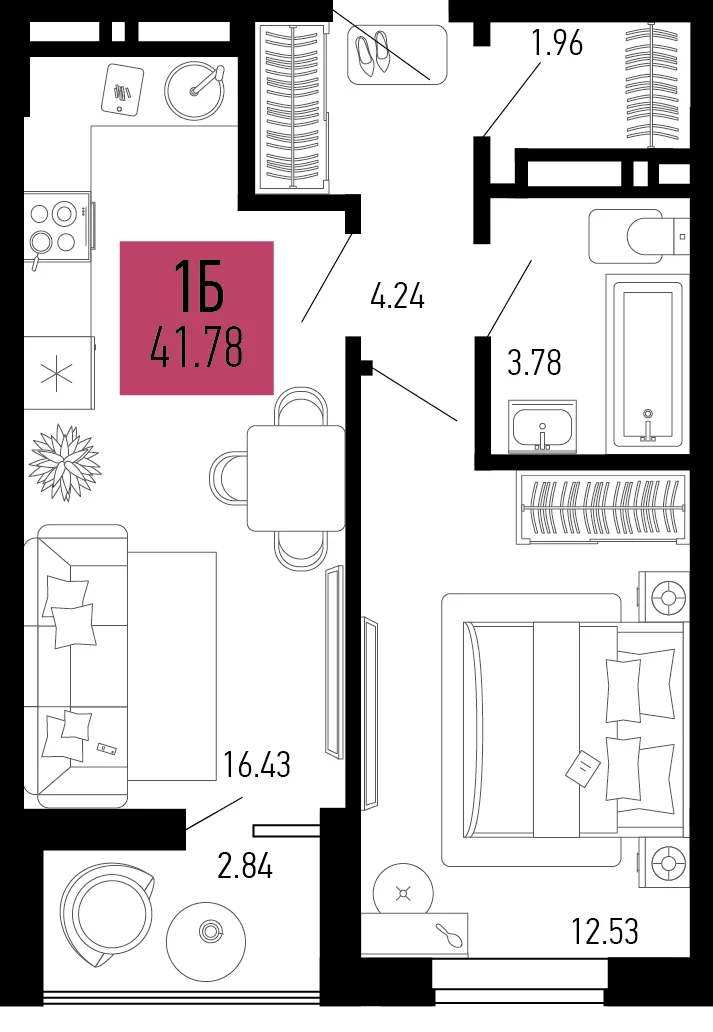 Планировка 1-комн. квартира, 41.78 м² ЖК «Столицыно»