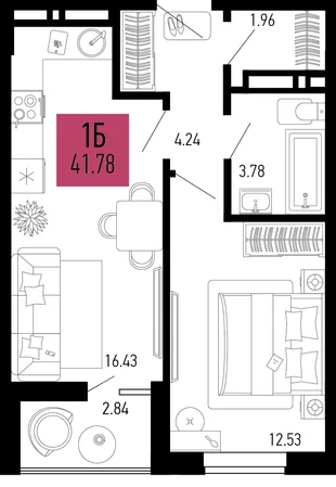 Планировка 1-комн. квартира, 41.78 м² ЖК «Столицыно»