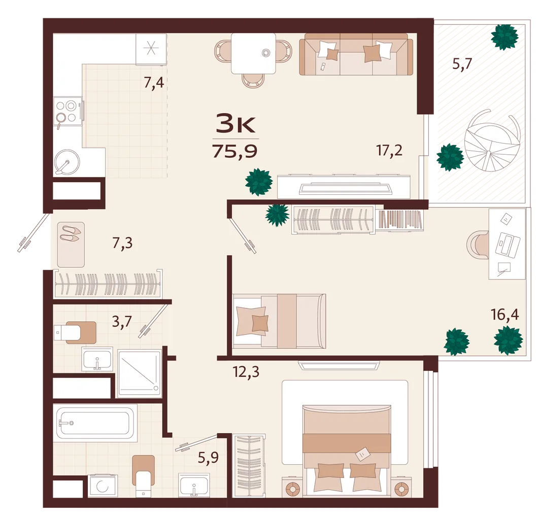 Планировка 3-комн. квартира, 75.9 м² ЖК «Роялта»