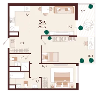 Планировка 3-комн. квартира, 75.9 м² ЖК «Роялта»