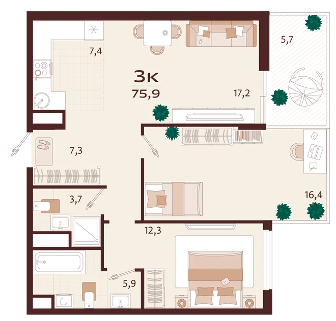 Планировка 3-комн. квартира, 75.9 м² ЖК «Роялта» Планировка 3-комн. квартира, 75.9 м² ЖК «Роялта»
