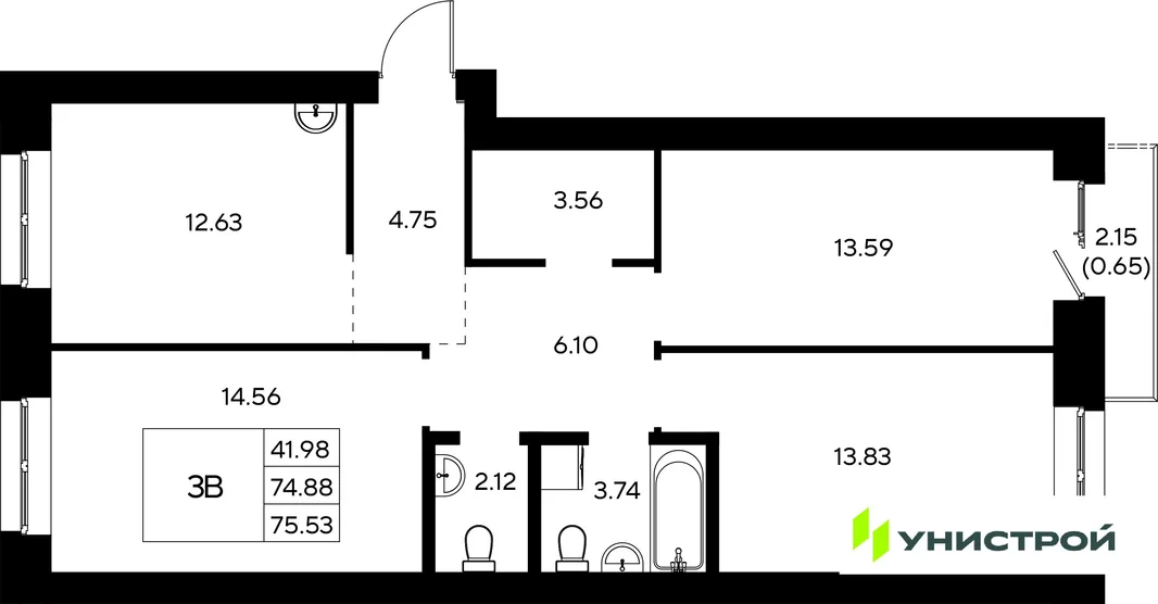 Планировка 3-комн. квартира, 75.53 м² ЖК «Царёво City»