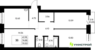 Планировка 3-комн. квартира, 75.53 м² ЖК «Царёво City»